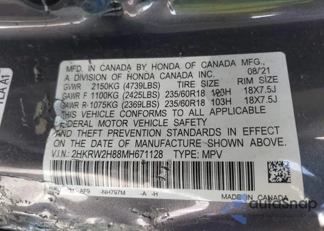 2021 Honda Cr-V Awd Ex-L from USA, damaged, VIN 2HKRW2H88MH671128
